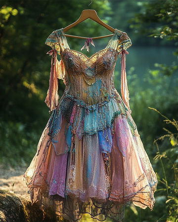 Vestido com Renda Irregular Retalhos Bordados e Babados 2f64