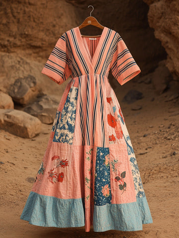 Vestido Feminino Retrô Listrado Floral com Costura em Algodão e Linho de Manga Curta 2fec