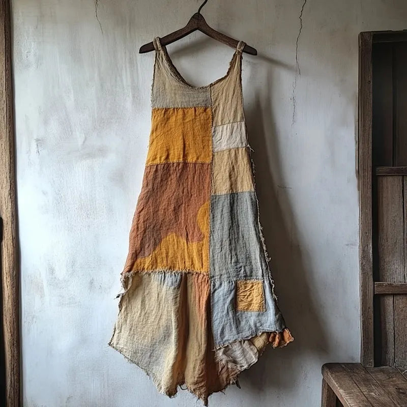Vestido Vintage de Linho Mesclado com Retalhos