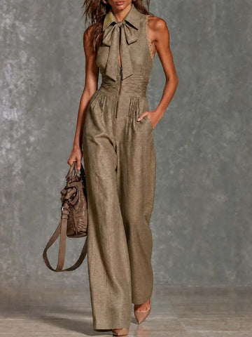 Vintage Collar Tie Sleeveless Lace Trim Smocked Waist Pocket Linen Wide Leg Jumpsuit