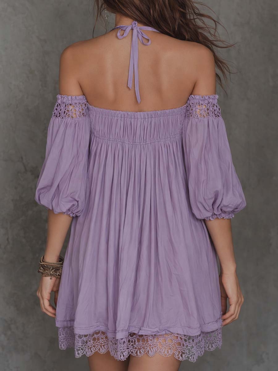 Robe Courte Épaule Dénudée Brodé Douceur Vintage