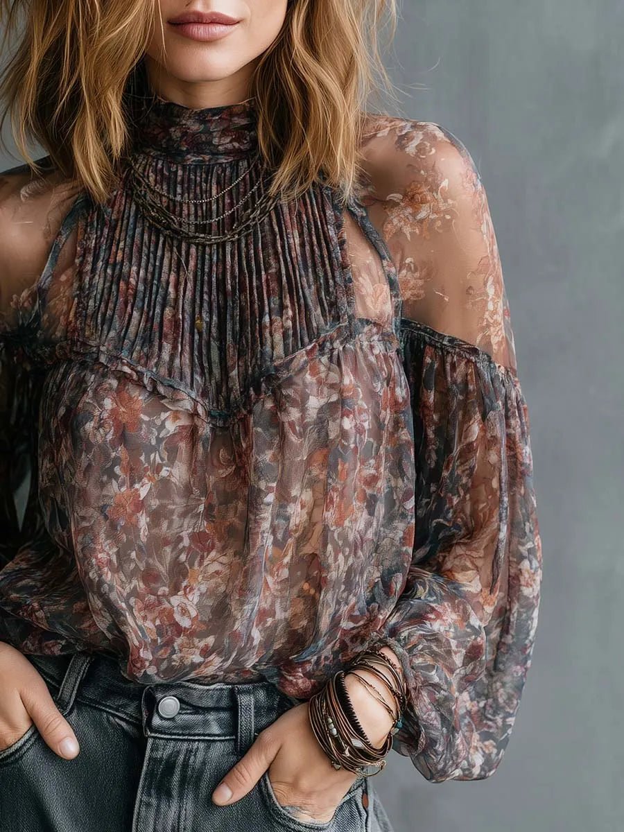 Boho Sheer Floral High Neck Cold Shoulder Blouse