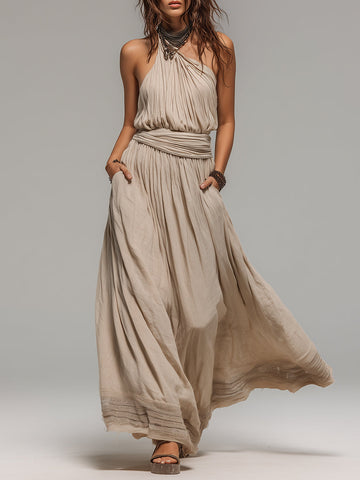 Vestido Maxi Plissado de Um Ombro Só Boho em Linha A com Renda
