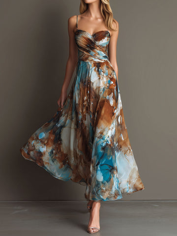 Robe longue en mousseline de soie à fines bretelles imprimé aquarelle bohème