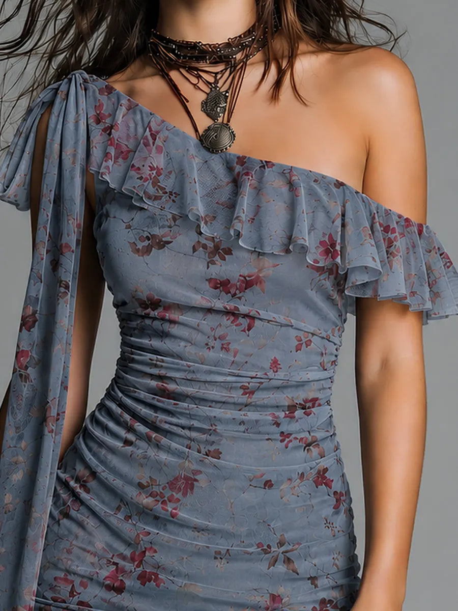 Retro Ruffled One-Shoulder Tie-Strap Mesh Print Mini Dress