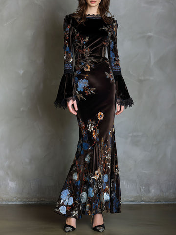 Vestido Floral Longo Elegance Midnight Velvet Com Renda