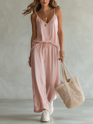 Conjunto de duas peças com regata relaxada e calça wide-leg com cordão ajustável