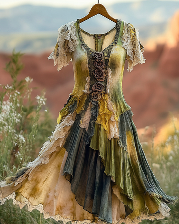 Vestido Vintage de Verão com Renda e Patchwork Irregular 9f1f