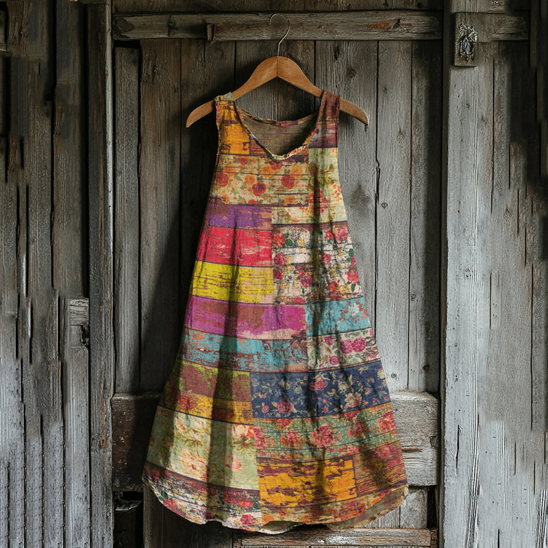 Vestido Midi Regata em Linho Misto com Estampa Floral Vintage Patchwork ed84