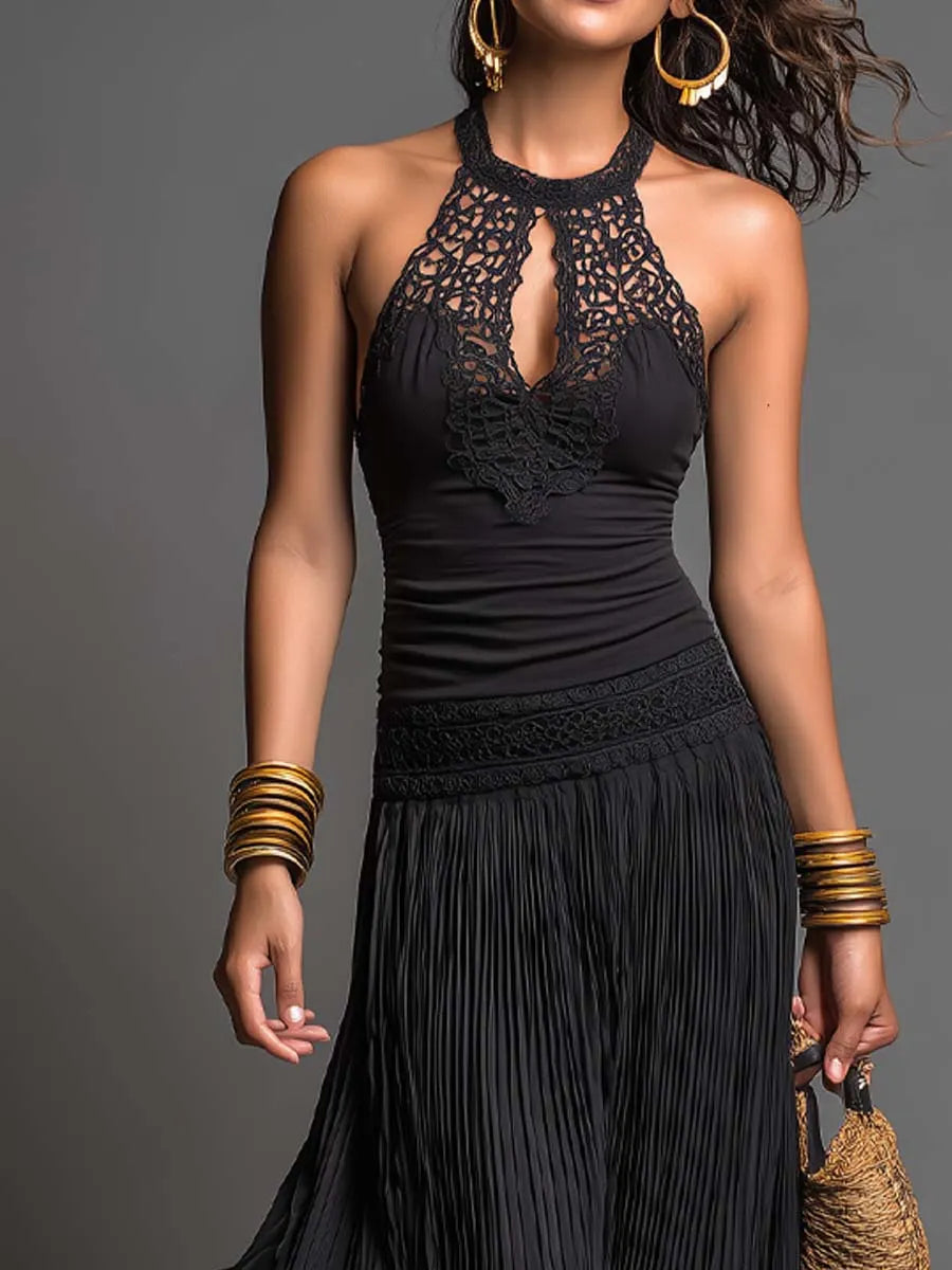 Vintage Lace Halter-Neck Pleated Maxi Dress