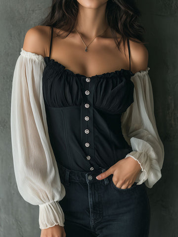 Blusa Corselet Retrô Preta Com Mangas de Chiffon Contrastantes