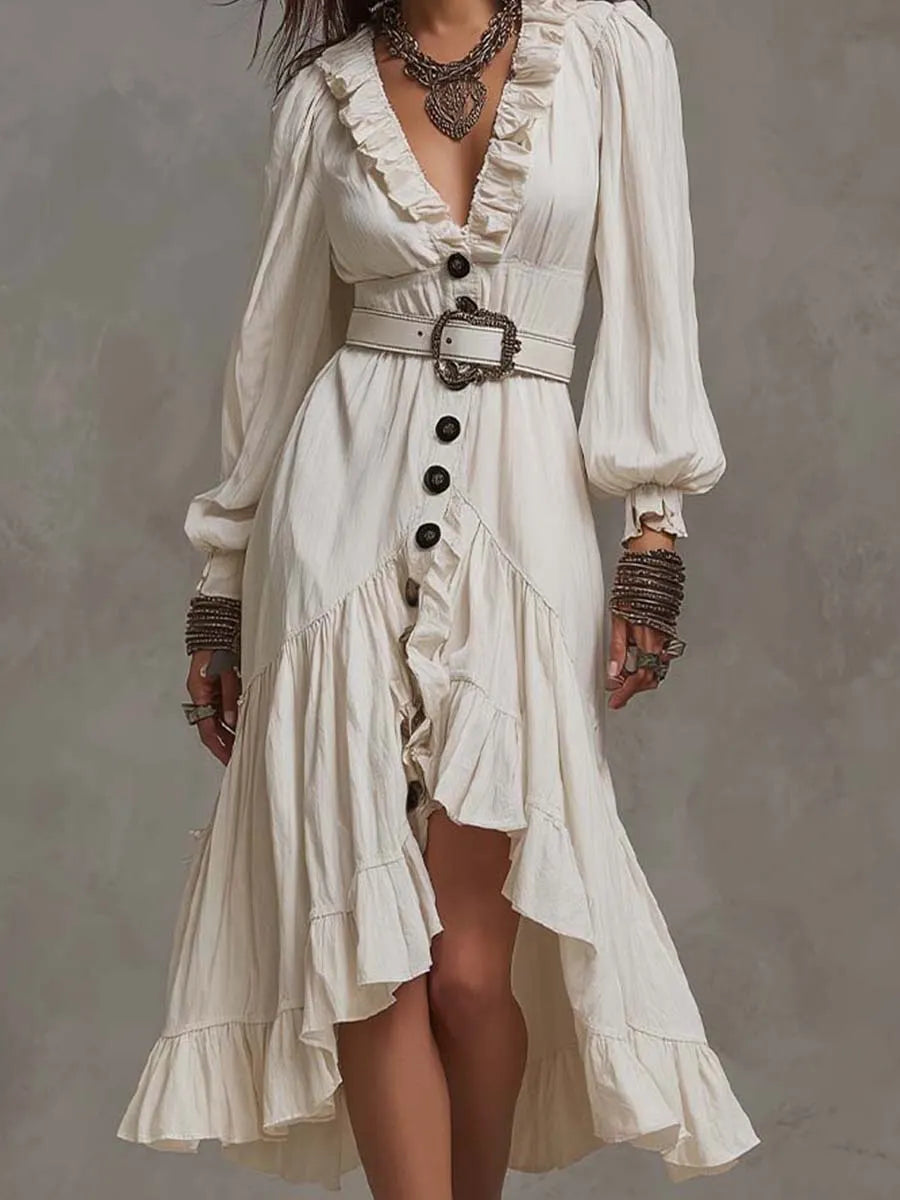 Ruffle V Neck Balloon Sleeve Button Front High Low Ruffle Hem Crinkled Textured Midi Dress With Belt