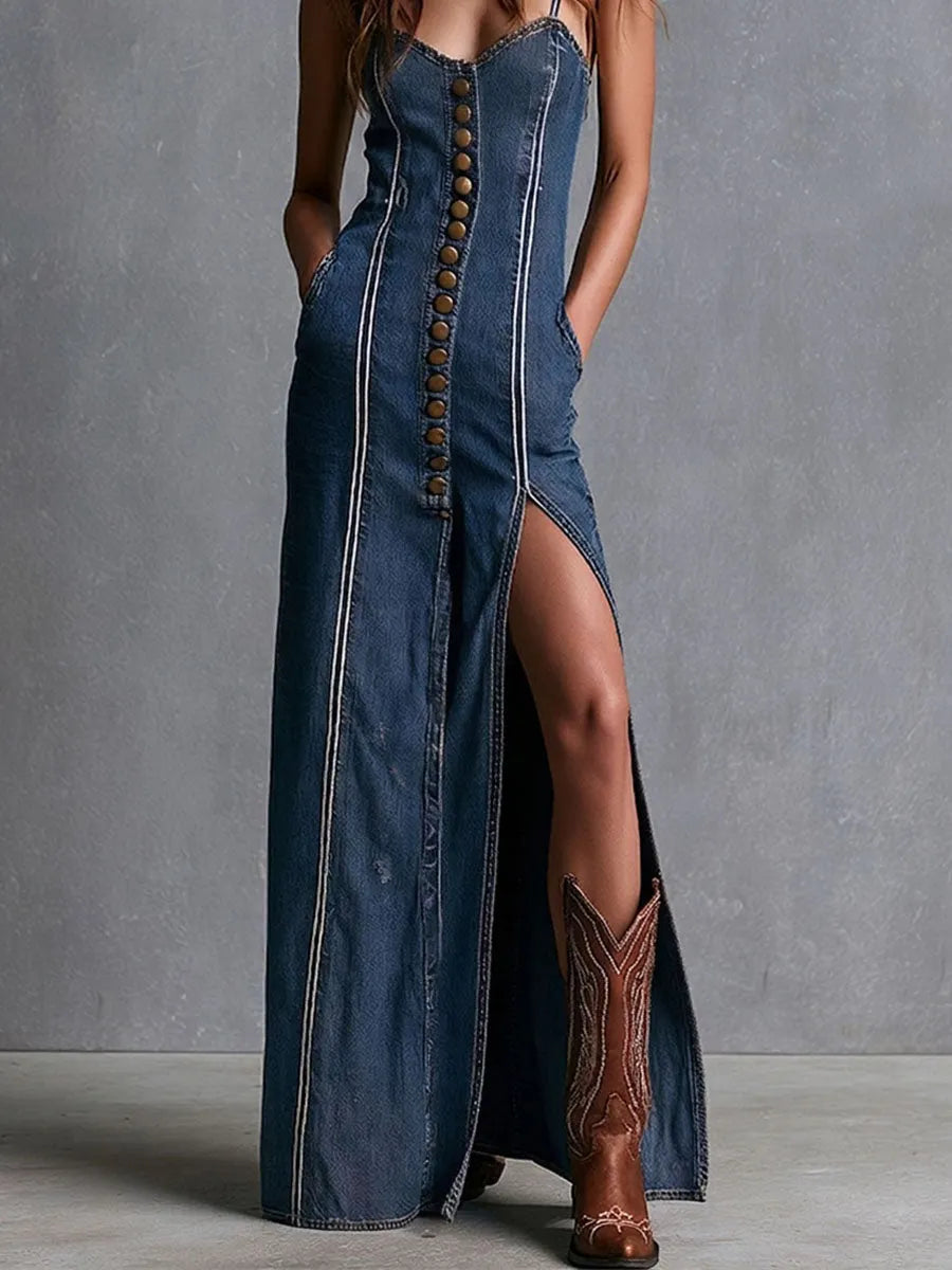 Robe salopette en jean rétro à surpiqûres contrastantes et patte de boutonnage