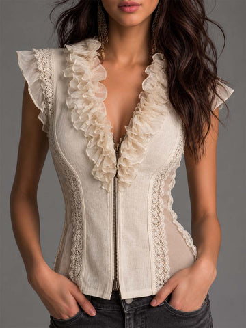Bohemian Cream Cotton-Linen & Chiffon Lace Corset Top