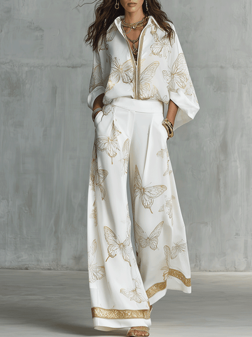 Conjunto Boêmio Luxe de Blusa Jacquard Borboleta e Calças Pantalona