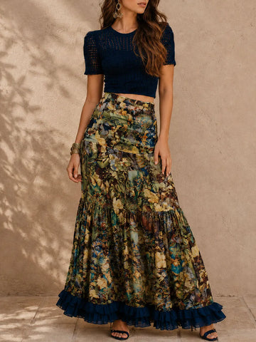 Conjunto de Cropped de Malha Boho e Saia Longa Estampa Botânica