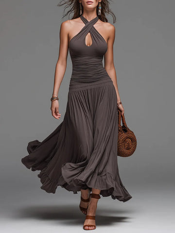 Vestido Maxi Halter Retrô Cruzado com Barra Franzida