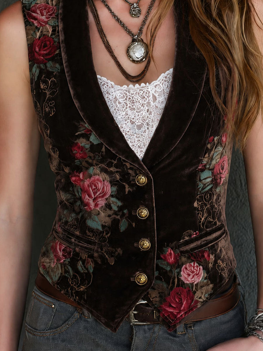 Retro Brown Velvet Floral Print Lapel Button Pocket Waistcoat