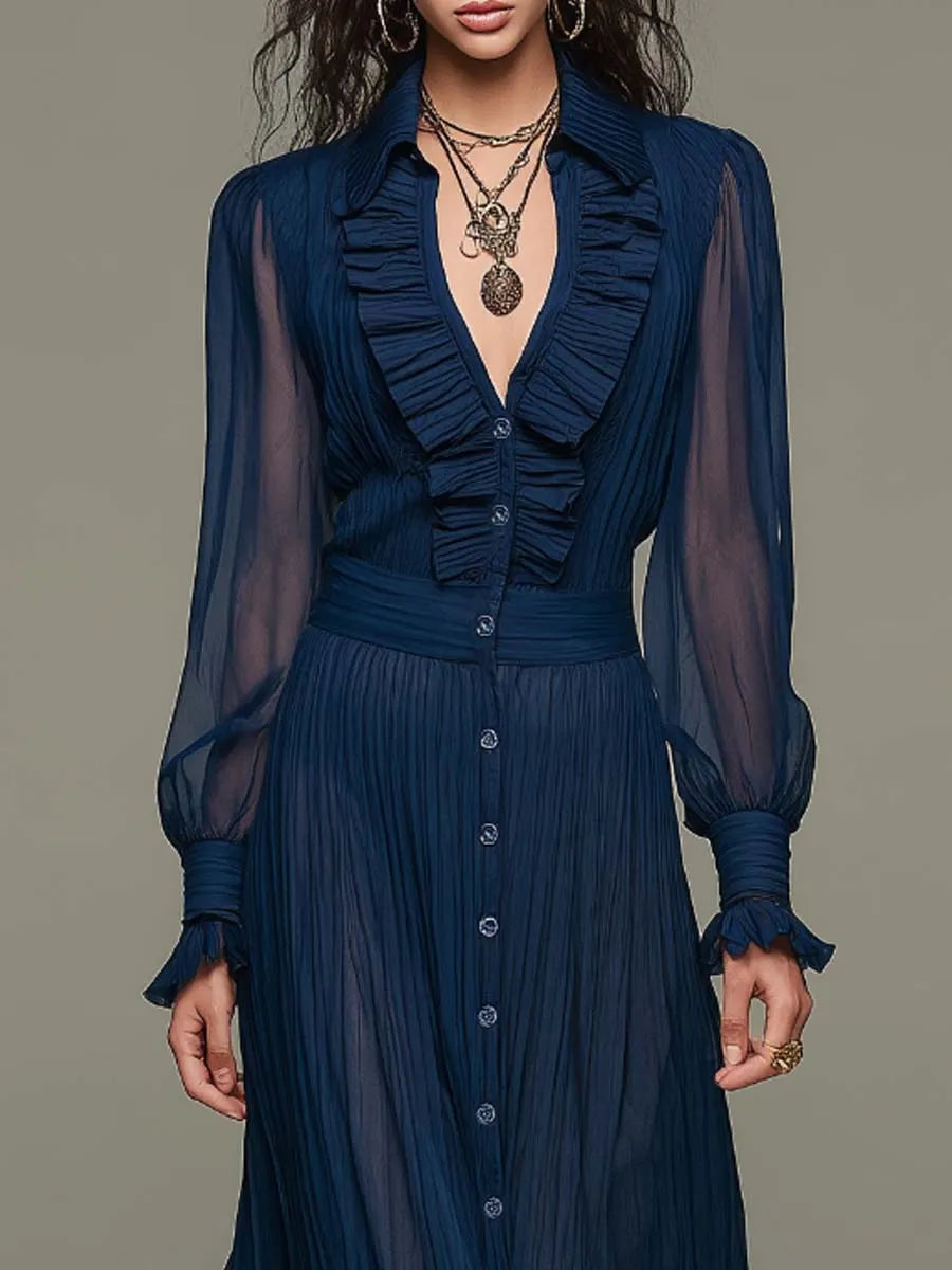 Vintage Elegance Serene Blue Chiffon Pleated Mid-Length Dress