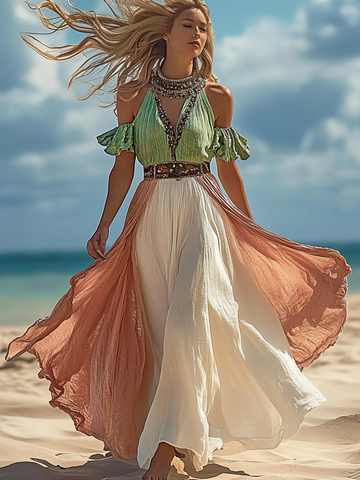 Vestido elegante de verão com contraste de cores 8d88