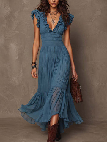 Robe longue bohème étagée en mousseline froissée bleu ciel poussiéreux