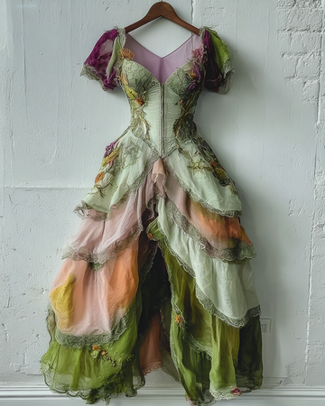 Vestido Maxi Elegante de Renda Verde e Roxa 7742