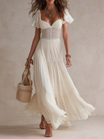 Robe longue bohème en coton et dentelle élégante vintage