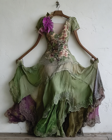 Vestido Longo de Renda Elegante Verde e Roxo c333