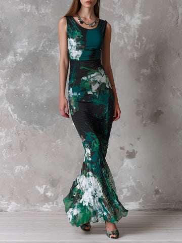 Vestido Maxi Plissado Sem Mangas Esmeralda Floral Retrô Elegante