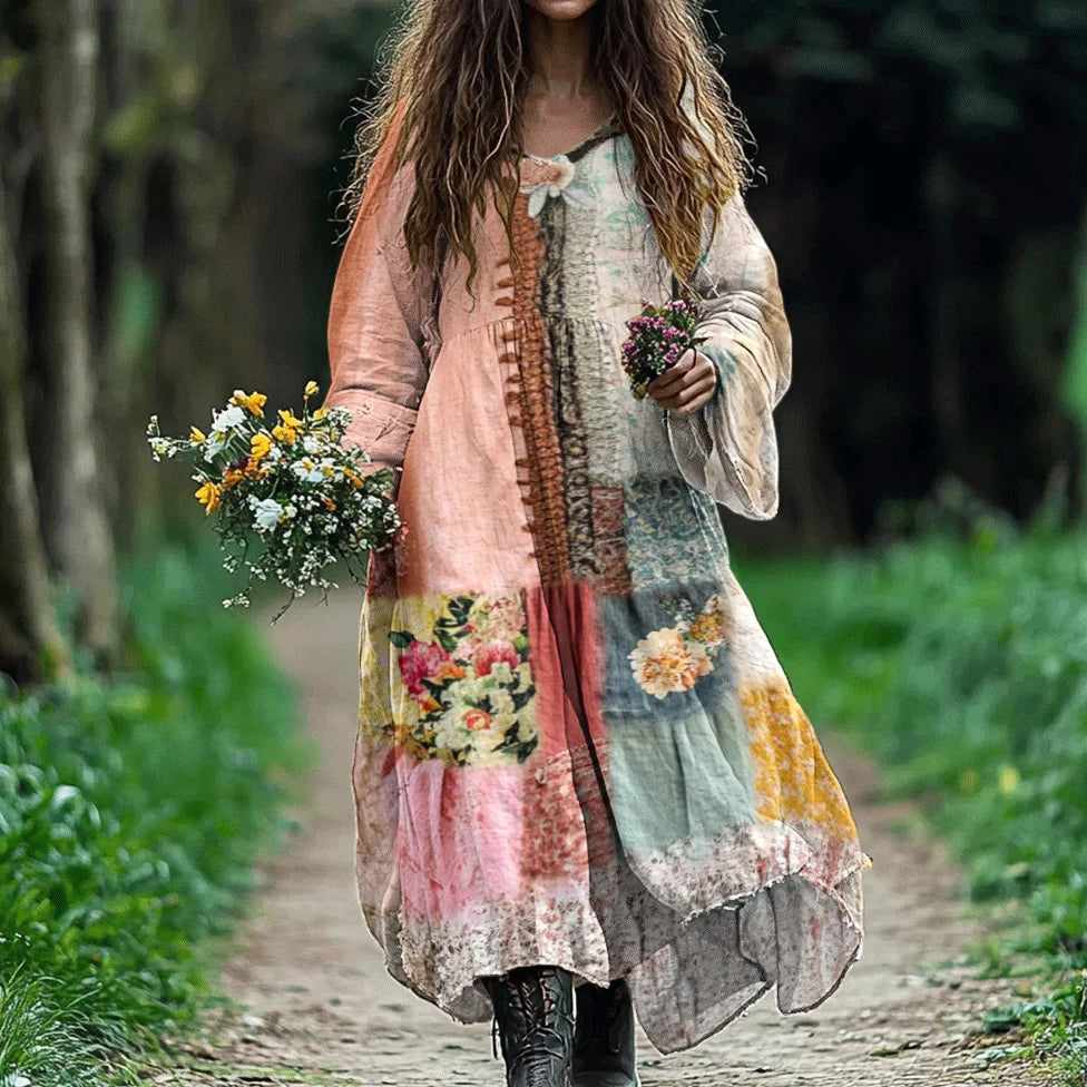 Vestido feminino vintage boêmio floral patchwork com decote em V de algodão e linho