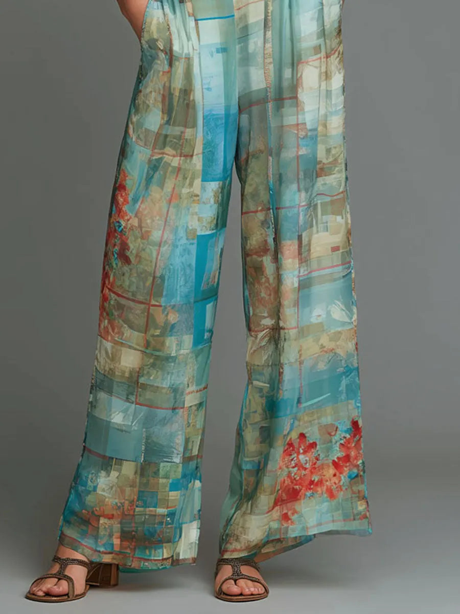 Combinaison Pantalon Large en Mousseline Imprimée Mosaïque Océan Style Bohème Chic