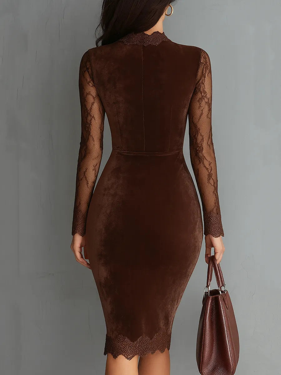 Mini-robe vintage en velours à manches en dentelle et encolure goutte d'eau