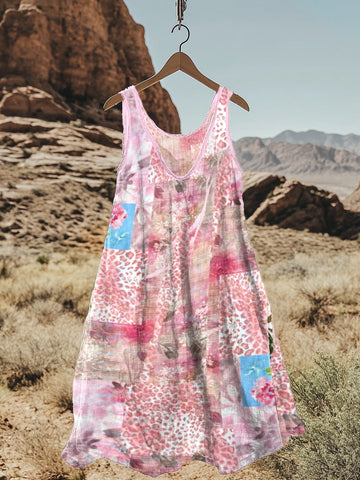 Vintage Floral Leopard Patchwork Art Linen Blend Tank Dress 5af7