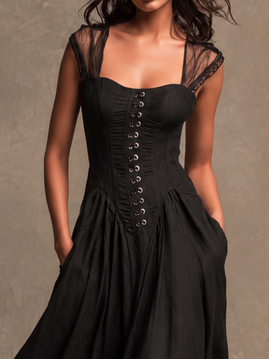 Vestido Midi Gótico Vintage com Alça de Malha, Corset e Bainha de Renda