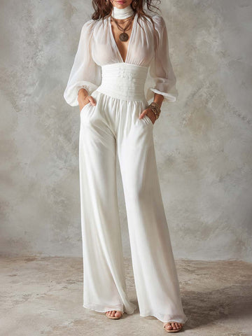 High Neck Puff Cuff Sleeve Smocked Waist Pocket Wide Leg Crinkled Chiffon Jumpsuit