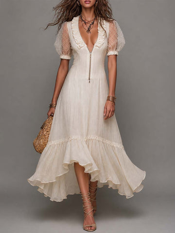 Robe longue en maille de coton et lin crème à manches bouffantes, style bohème