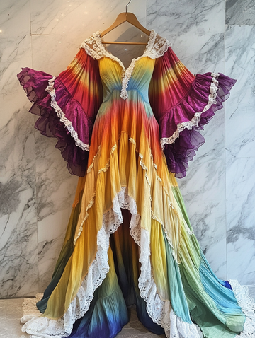 Abito con balze in pizzo arcobaleno per le vacanze estive 7095
