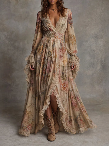 Vestido Longo Boho com Renda Floral