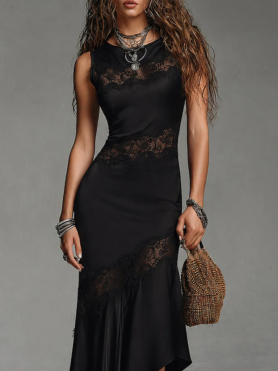 Elegant Lace-Trimmed Satin Sleeveless Fishtail Maxi Dress