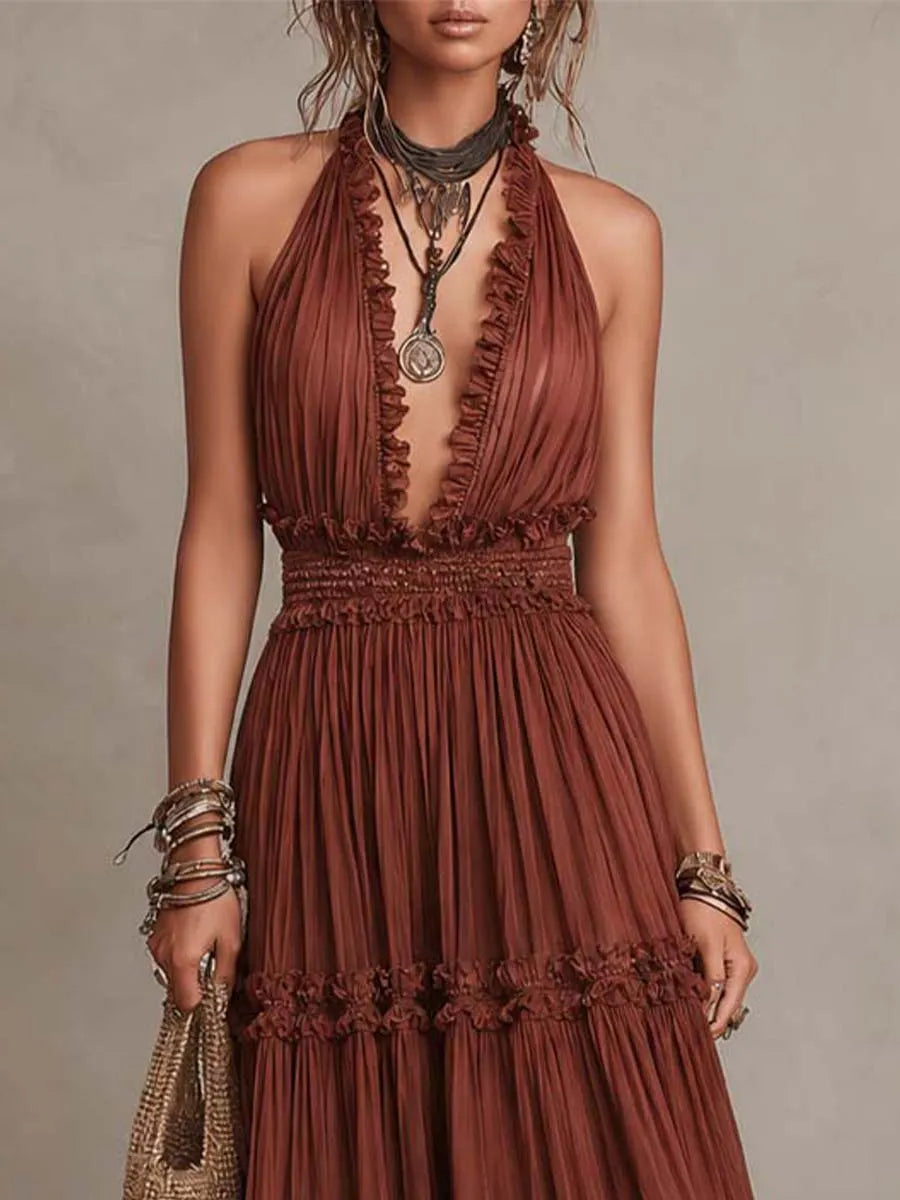 Bohemian Rust Crinkled Chiffon Halter Tiered Midi Dress