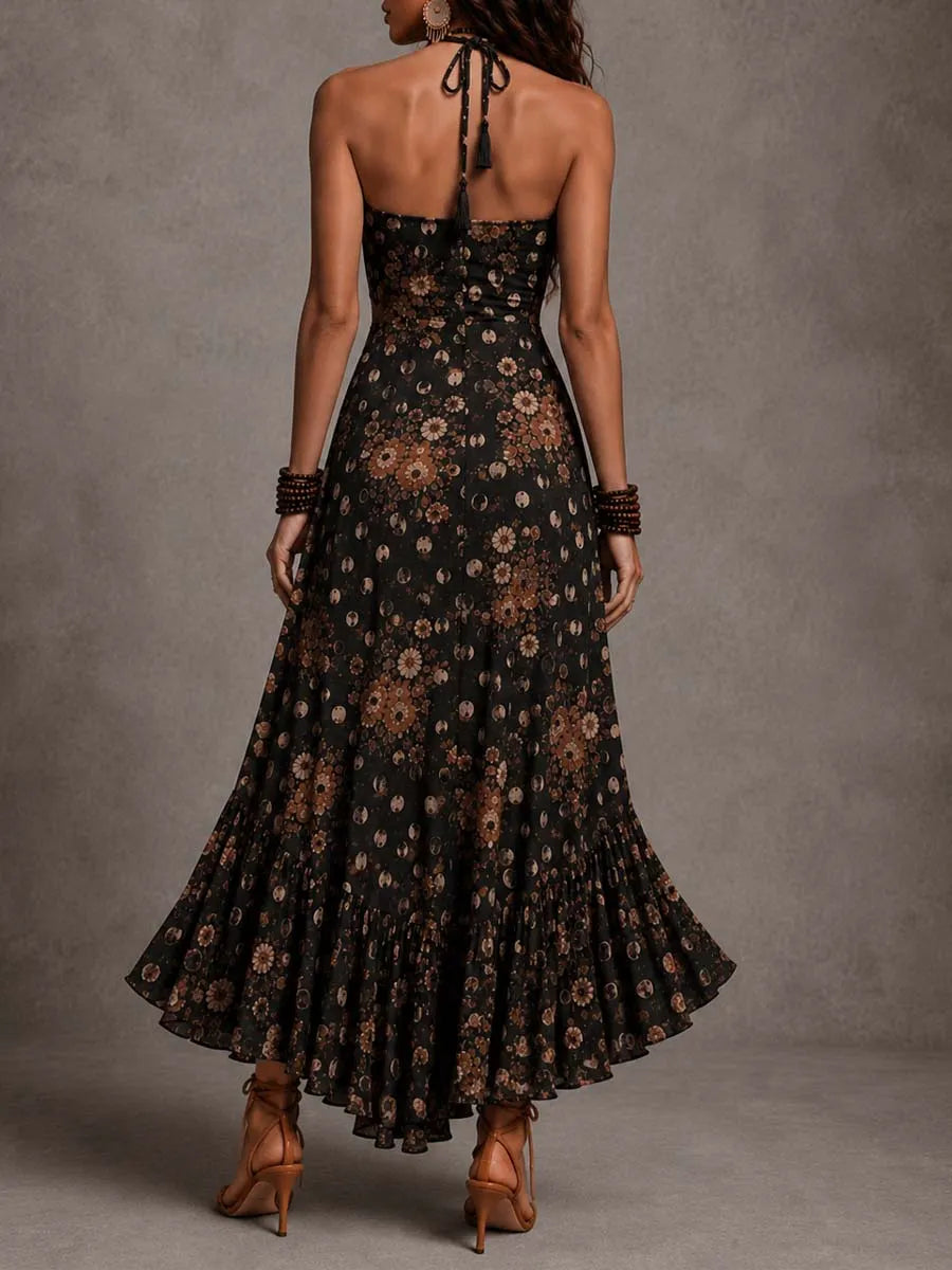 Robe Midi Bohemienne Florale à Imprimé Lune avec Découpes et Col Halter
