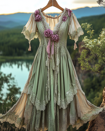 Vestido de verão com babados, retalhos de renda irregulares e estampa floral vintage 104a