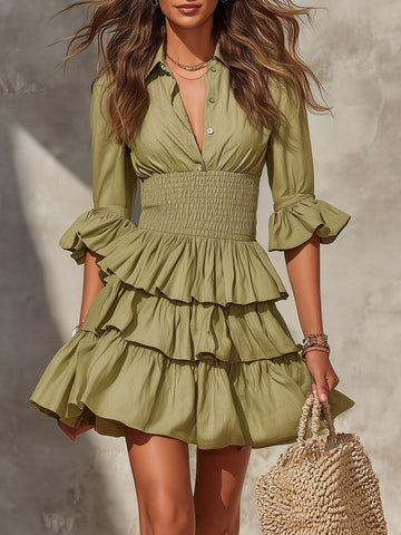 Boho Olive Tiered Collared Smocked Waist Ruffle Mini Dress