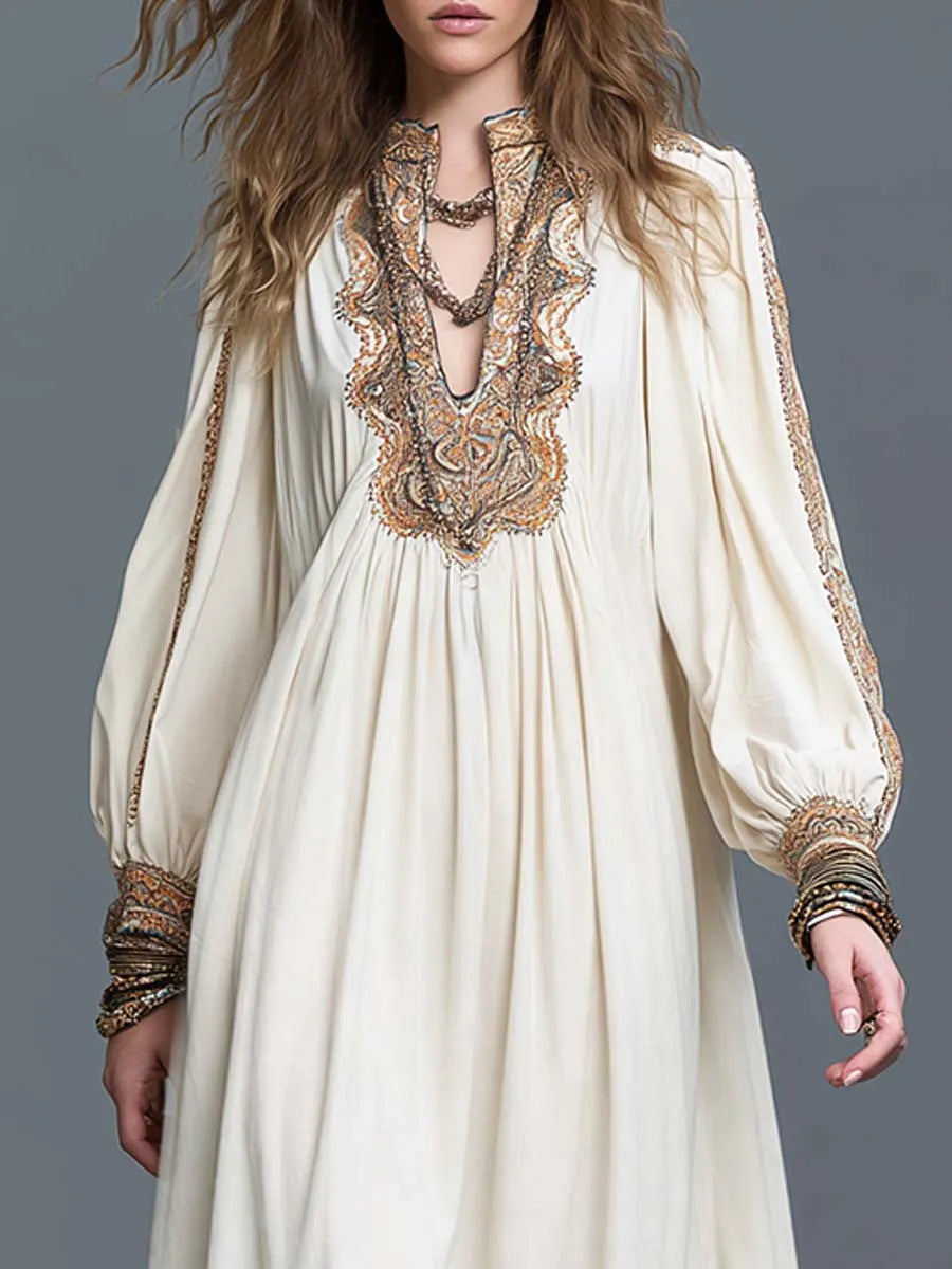 Robe midi bohème à col tunisien et manches bouffantes