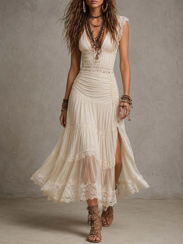 Vestido Maxi de Tricô de Algodão Creme Boho com Renda