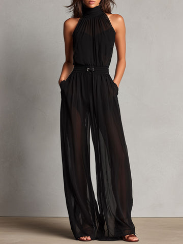 Elegant High Neck Black Sheer Halter Wide-Leg Jumpsuit
