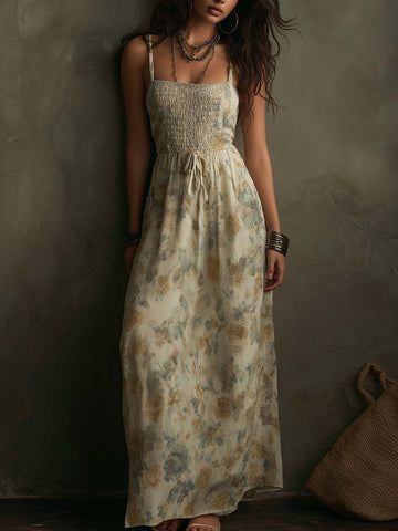 Vestido longo de algodão e linho com estampa floral estilo papel de parede vintage