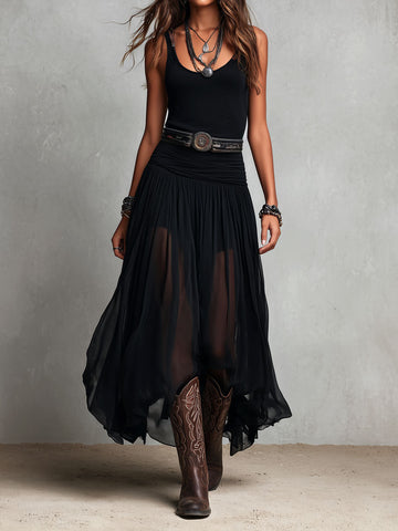 Vestido Longo Boho Western Preto Elástico com Saia Transparente