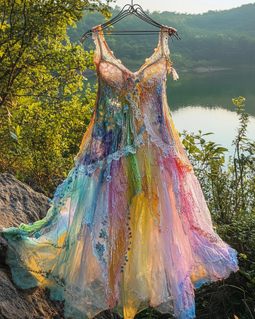 Vestido de Verão com Babados de Renda Irregular e Miçangas 30b5