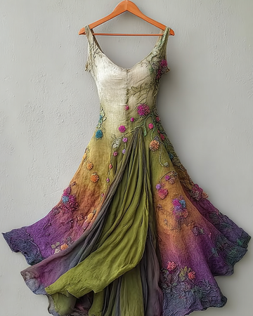 Vestido Elegante de Renda Verde e Roxa ddda